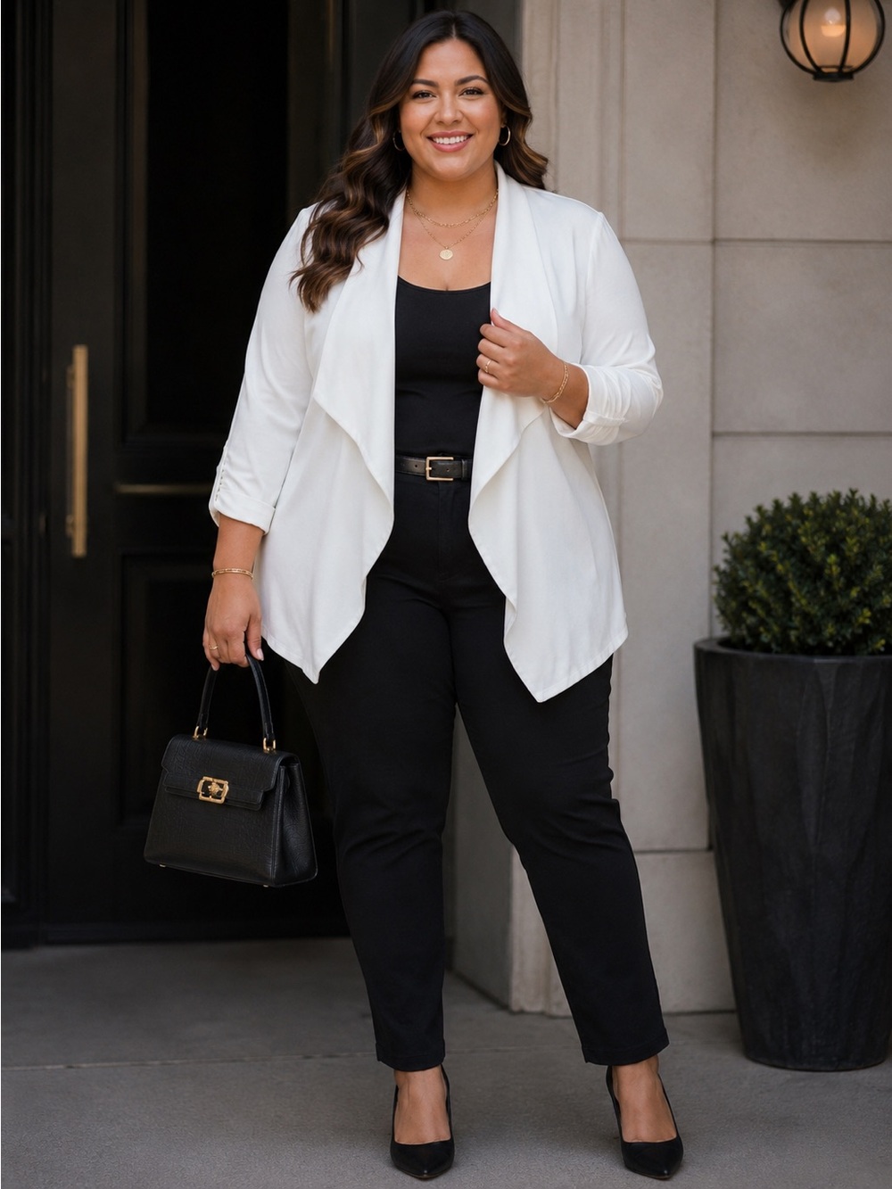 ING Ruched 3/4 Sleeve Open Front Drape Blazer Cardigan Jacket - Plus Size 1X